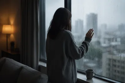 Solitary Figure by Rainy Apartment Window
