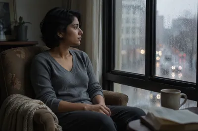 Young Woman by Rainy Apartment Window