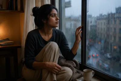 Young Woman by Rainy Apartment Window