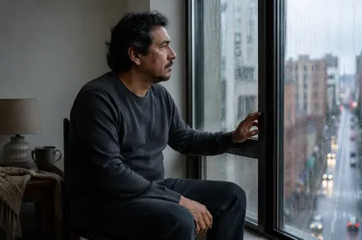 Solitary Man by Rainy Apartment Window