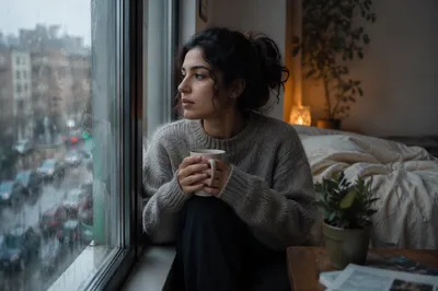 Woman by Rainy Apartment Window