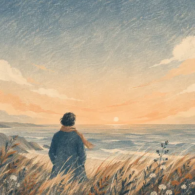 Longing Figure Facing Dawn Ocean Horizon