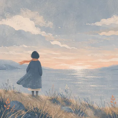 Longing Figure Facing Misty Dawn Horizon