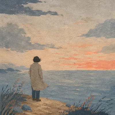 Longing Figure at Twilight Coastal Horizon