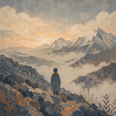 Solitary Figure Longing Toward Misty Horizon
