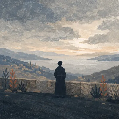 Solitary Figure Longing Toward Misty Horizon