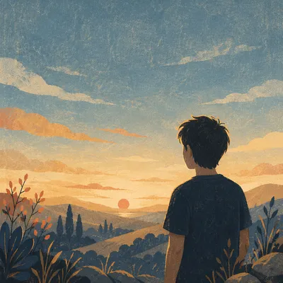 Longing Figure Gazing Toward Dusk Horizon
