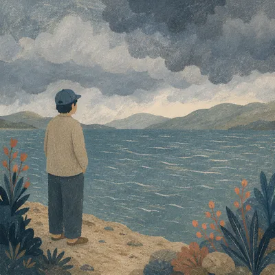 Longing Figure Beside Stormy Mountain Lake