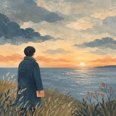 Contemplative Figure Facing Distant Ocean Horizon