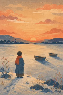 Longing Figure at Frozen Lake Sunset