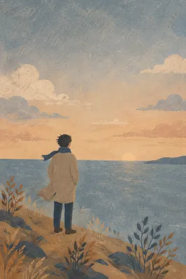 Longing Figure at Evening Sea Horizon
