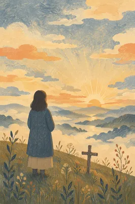 Longing Figure Praying Toward Sunrise Horizon