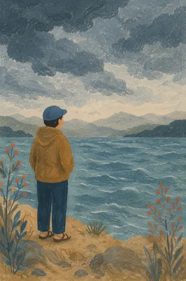 Longing Figure by Stormy Lake Horizon