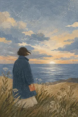 Longing Figure Facing Dawn Ocean Horizon