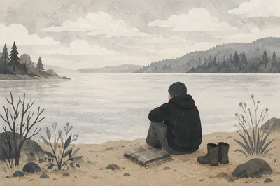 Longing Figure by a Misty Lakeshore