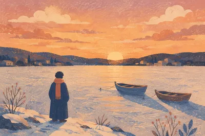 Solitary Figure Longing at Frozen Lake Horizon