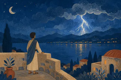 Longing Figure Facing Stormy Night Horizon