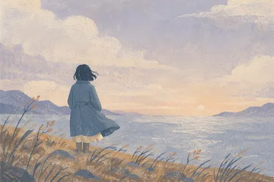 Longing Figure at Misty Dawn Horizon