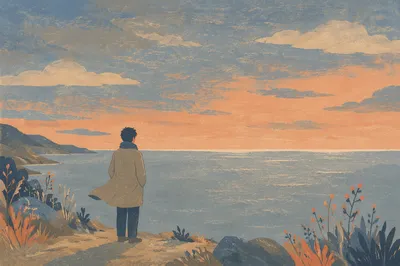 Longing Figure at Coastal Evening Horizon