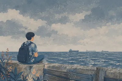 Solitary Figure Facing Distant Ocean Horizon