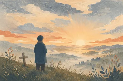Prayerful Longing at Misty Sunrise Horizon