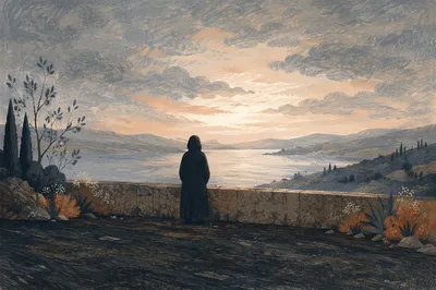Solitary Figure Gazing at Distant Horizon