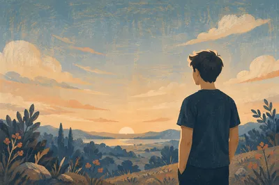 Longing Figure Gazing Toward Dusk Horizon