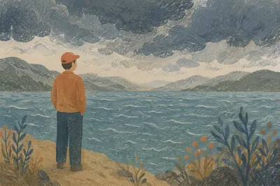Longing Figure by Stormy Lake Horizon