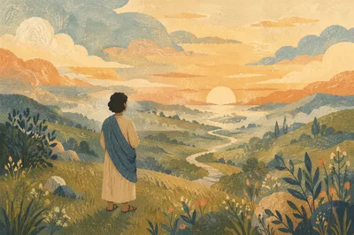 Longing Figure Praying Toward Distant Sunrise