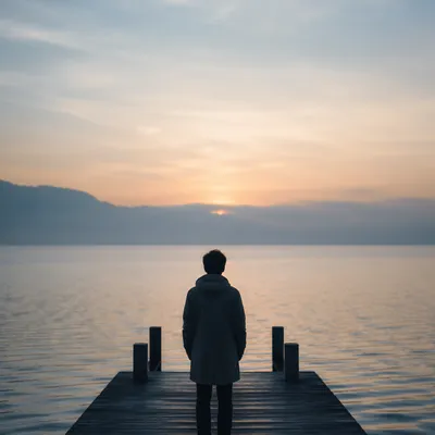 Solitary Figure Gazing at Misty Horizon