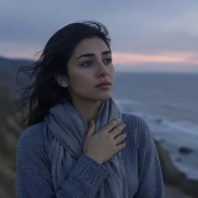 Woman Gazing at Distant Sea Horizon