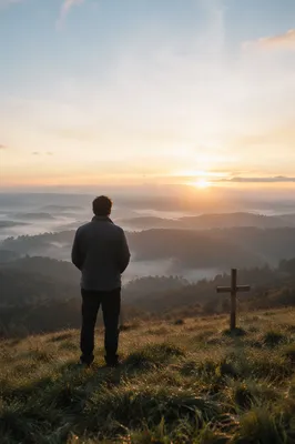 Prayerful Longing at Misty Sunrise Horizon