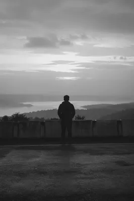 Solitary Figure Gazing at Misty Horizon