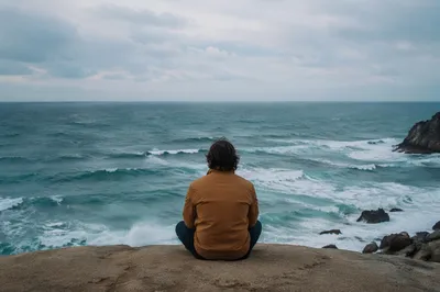 Longing Figure Facing Quiet Ocean Horizon