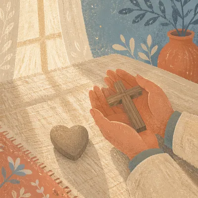 Hands Holding Cross and Heart Symbol