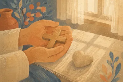 Hands Holding Cross and Heart Stone