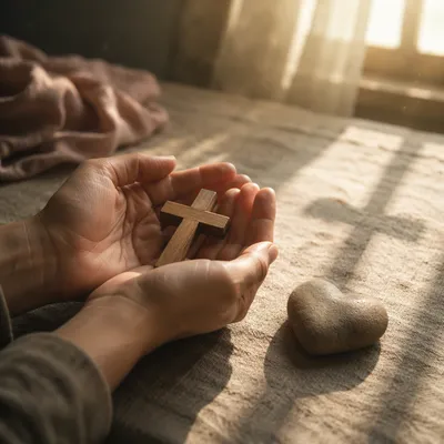Hands Holding Cross and Heart Stone