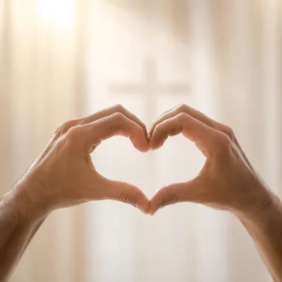 Hands Forming Heart Before Subtle Cross