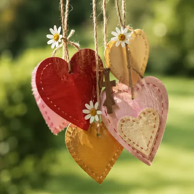 Paper Hearts and Cross in Sunlit Garden