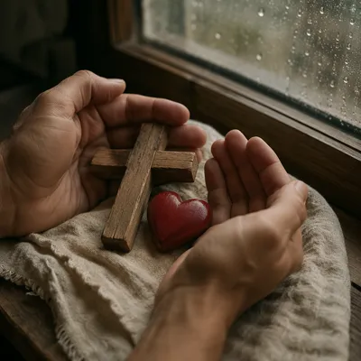Wooden Cross and Red Heart Keepsake