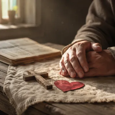 Wooden Cross and Red Heart Still Life