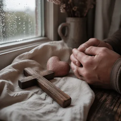 Wooden Cross and Heart by Window