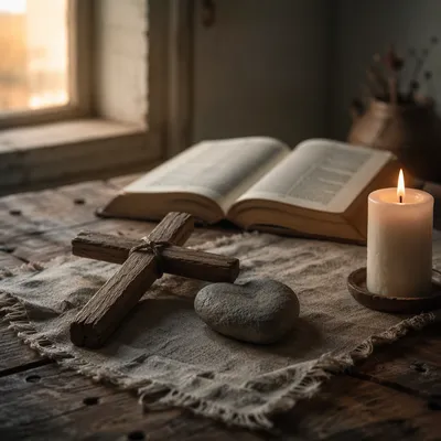 Wooden Cross and Heart Stone Still Life