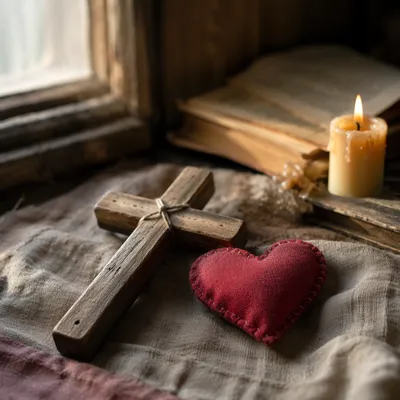 Wooden Cross and Stitched Red Heart