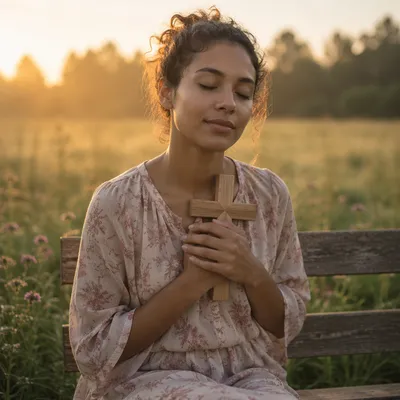 Woman Holding Wooden Cross at Sunrise
