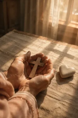 Hands Holding Cross and Heart Stone