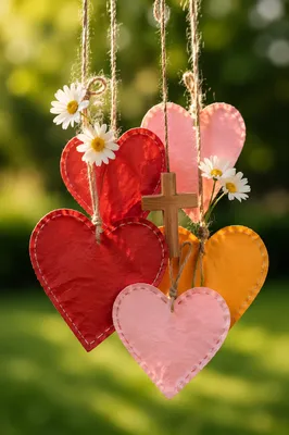 Paper Hearts and Cross in Sunlit Garden