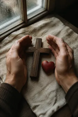 Wooden Cross and Red Heart Keepsake