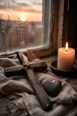 Wooden Cross Candle and Heart Stone