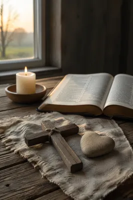 Wooden Cross and Heart Stone Still Life